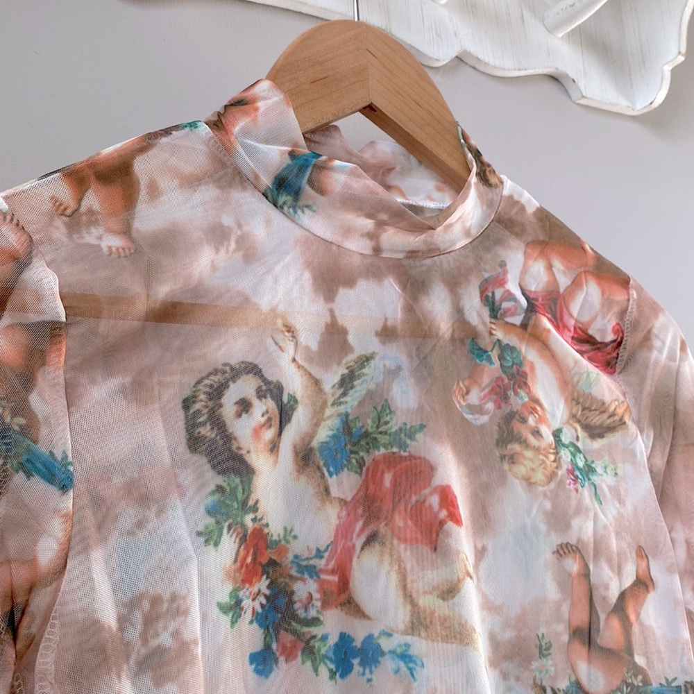 Floral Cherub Long Sleeve Crop Top  ~ Brand New - Picture 5 of 10
